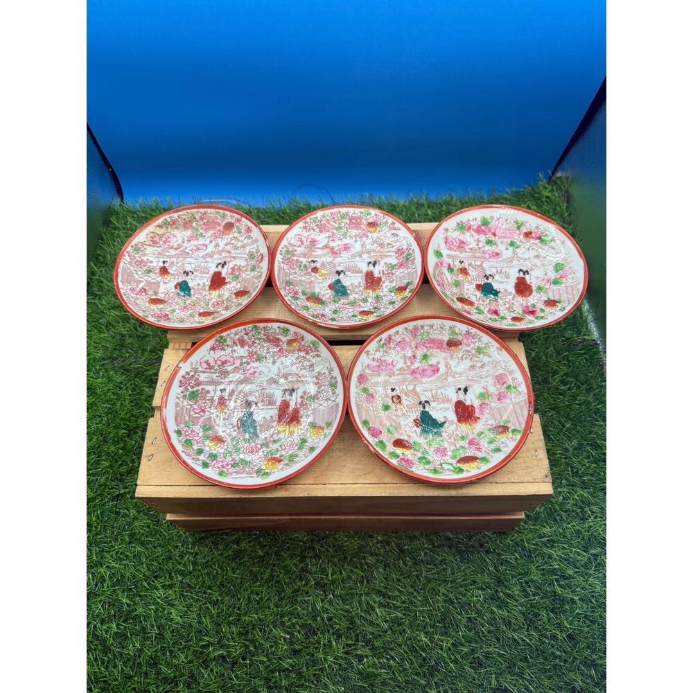 Vintage Kutani Style Geisha Saucer Plates - Set of 5 - 5.5” each